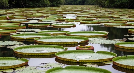 Expansive amazon river with giant victoria water lilies on tranquil surface