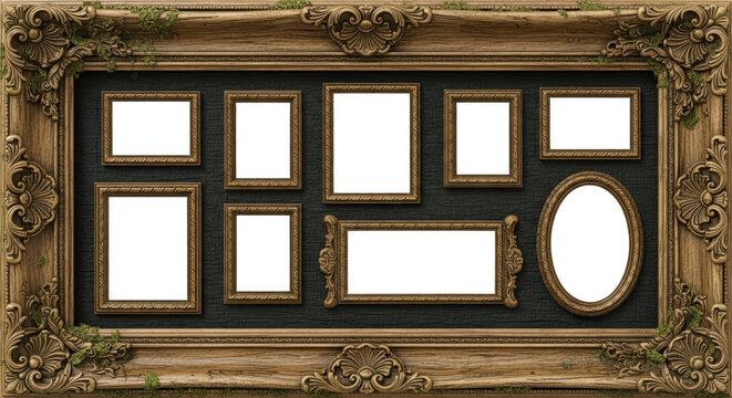 Ornate collage frame with multiple empty photo and picture slots displaying rich detail illustration