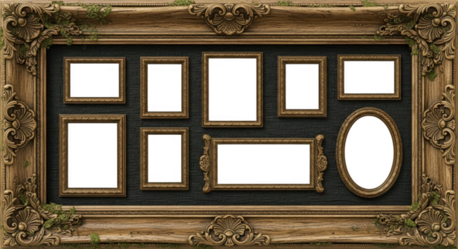 Ornate collage frame with multiple empty photo and picture slots displaying rich detail illustration