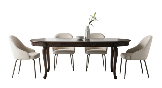 Elegant dining room setup with modern chairs and decorative table arrangement illustration