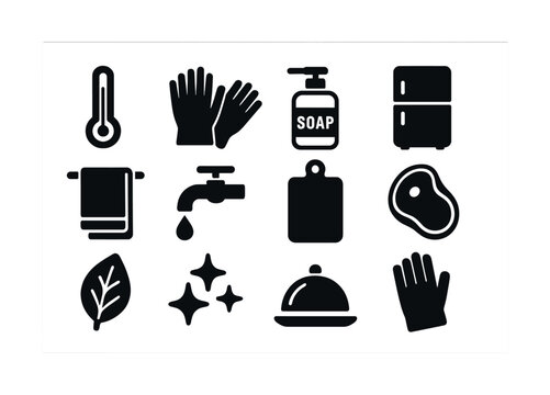 Kitchen and hygiene icon set including soap, thermometer, gloves, and refrigerator
