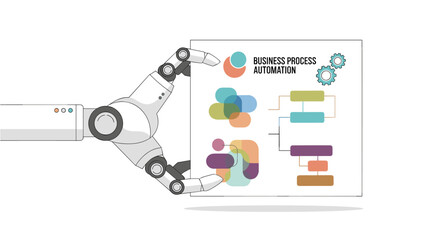 A robotic arm displays a business process automation diagram, illustrating efficiency and technological advancements in modern operations.