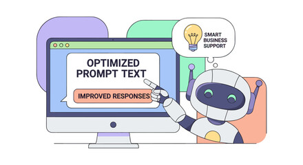 A friendly robot points to a computer screen displaying optimized prompt text, symbolizing smart business support and improved responses.