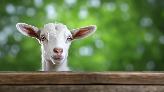 Goat Behind the Fence: A close-up shot of a charming white goat, peeking over a wooden fence with an inquisitive gaze. The soft-focused, verdant backdrop adds a touch of serenity.