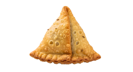 Golden brown triangular samosa pastry filled with savory ingredients on a black background