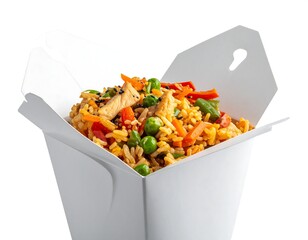 Asian takeout meal of fried rice, chicken, and vegetables