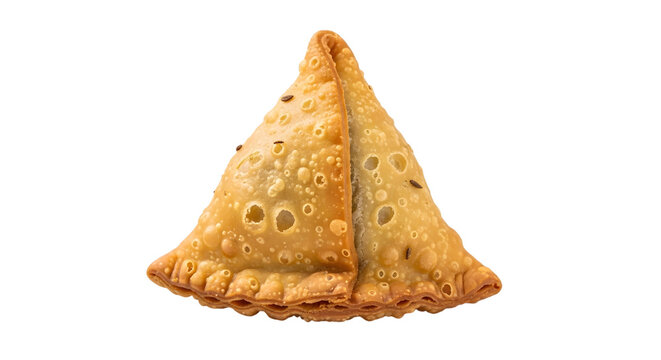 Golden brown triangular samosa pastry filled with savory ingredients on a black background