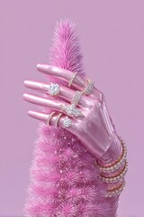 Female hand with luxury jewelry. New Year's pastel pink idea.