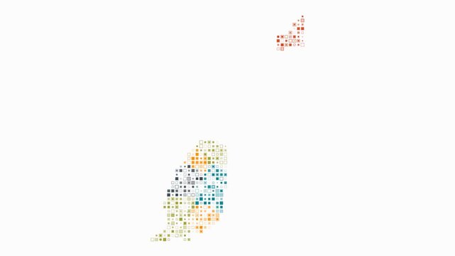 Grenada map animation. Shape of the country with pulsating colored dots. Small size square blocks. Digital style Grenada map on white background. Classy video.