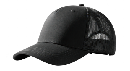 Detailed black baseball cap with subtle pattern and brand logo on side illustration