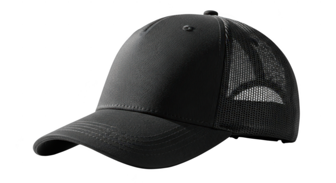 Detailed black baseball cap with subtle pattern and brand logo on side illustration