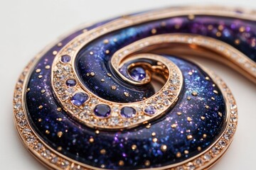 Fototapeta premium An exquisite spiral jewelry piece, resembling a galaxy, with deep blue enamel, golden specks, rose gold, brilliant diamonds, and purple gemstones.