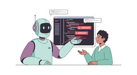 An AI robot assists a person with coding, highlighting errors on a computer screen, fostering collaboration and learning in a digital environment.