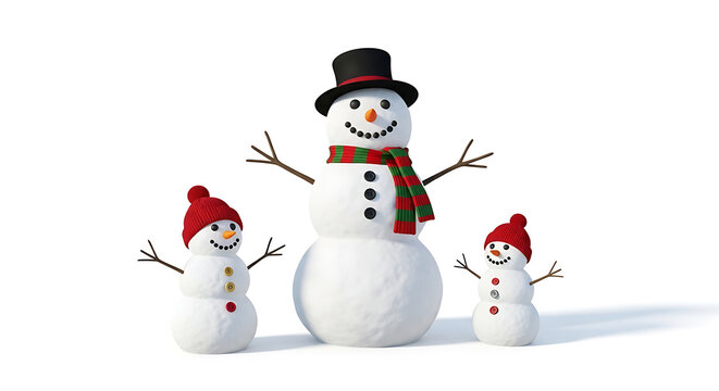 Three cheerful snowmen family with hats and scarves on white background