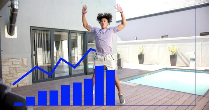 Adult man jumping on deck by pool, starting animated blue chart rising, tracking fitness progress