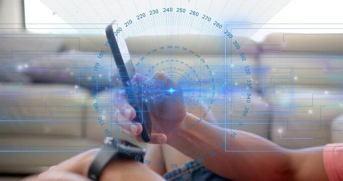 Man holding smartphone on couch, tapping and swiping, activating pulsing HUD for mobile UX testing