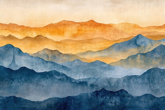 A tranquil watercolor landscape showcasing layered mountain ranges under a warm, golden sky, transitioning to deep blues. Minimalist and serene art.