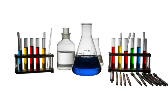 Vibrant colorful chemical solutions in laboratory glassware ready for scientific research illustration