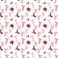 A seamless Christmas pattern with trendy pink bows, poinsettias, and sacred red berries.