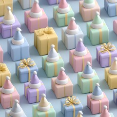 Pattern of Christmas presents in pastel colors with Christmas hats