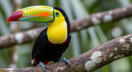 Obraz premium Colorful keel-billed toucan perched on branch in lush jungle
