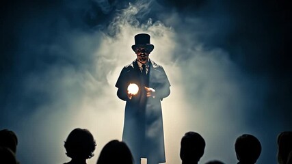 Mysterious magician captivates audience with smoke and charm, creating enchantment