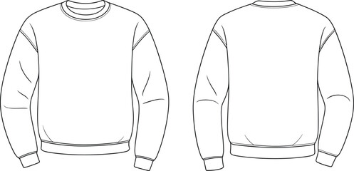 Blank sweatshirt fashion vector template front and back view, unisex crewneck pullover outline design for apparel mockup illustration