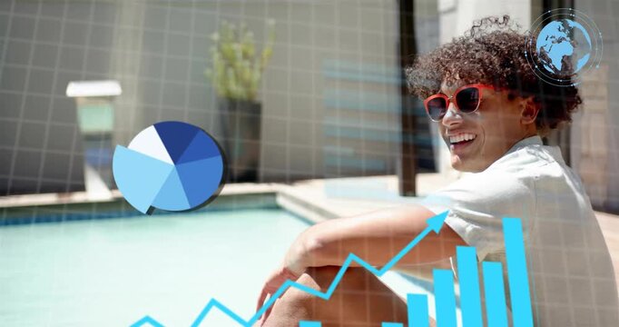 Man adjusting red shades poolside, animated blue charts appearing over him and collecting tech data