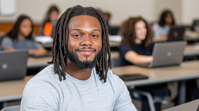 Engaging black male student with dreadlocks smiles confidently while peers collaborate on laptops in a modern classroom setting