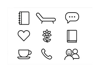 Simple black icons set: journal, lounge chair, chat, heart, flower, book, coffee, phone, people