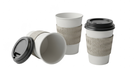 Three disposable paper coffee cups with lids and sleeves arranged for product photography illustration