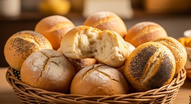 Freshly baked bread rolls in a rustic wicker basket, showcasing a variety of textures and toppings, ready for a delicious meal.