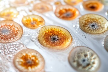 Close-up of translucent, circular biological structures with intricate dendritic patterns submerged in clear liquid, showcasing vibrant amber and beige hues.