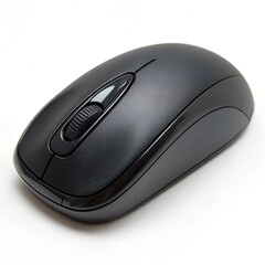 Closeup of a black wireless computer mouse isolated on white background
