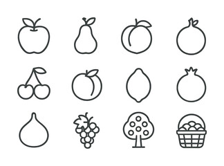 Line art fruit icons set featuring apple, pear, cherry, lemon, and more