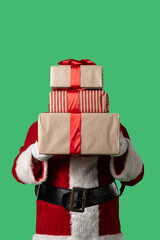 Santa Claus with a white curly beard, wearing a red suit and sunglasses, is holding boxes of gifts in front of him on a green background. Ideal for Christmas themed compositions and holiday layouts.