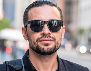 Confident Man with Beard and Sunglasses Posing on a City Street - Urban Lifestyle Portrait