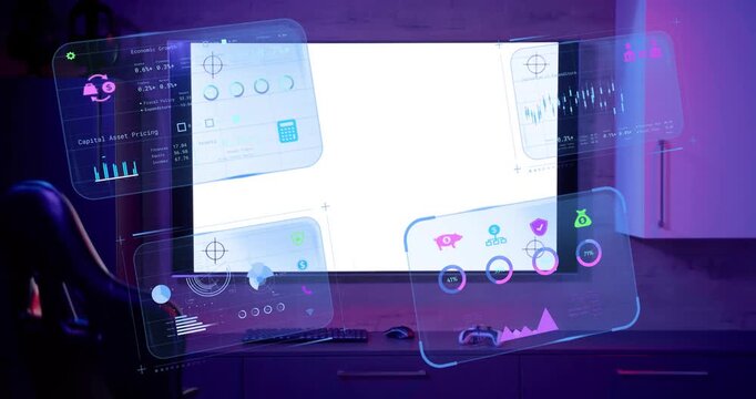 Display powering on, holographic UI panels appearing, drifting and rotating, highlighting controls