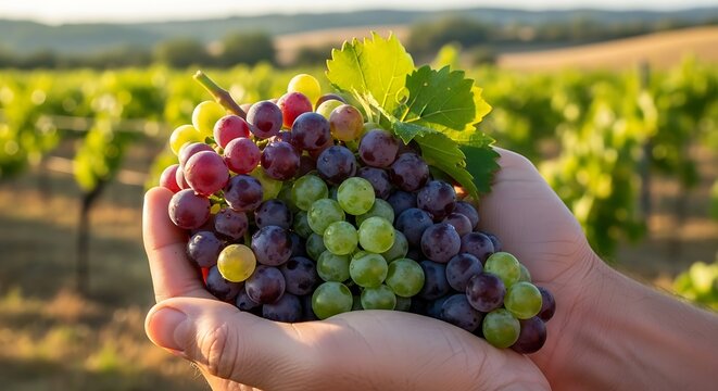 Hands holding a fresh bunch of red and green grapes in a vineyard at sunset, showcasing the harvest and natural beauty of the fruit.