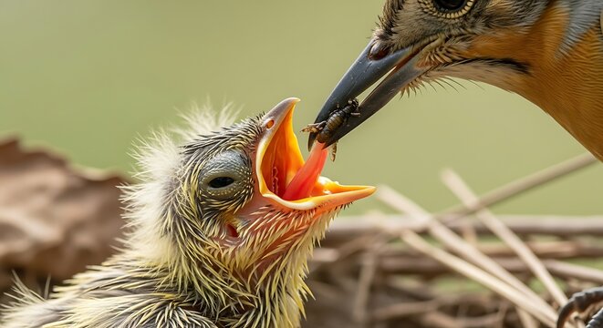 A mother bird feeding her hungry chick in a nest, showcasing the tender bond and natural instinct of parental care in the wild.