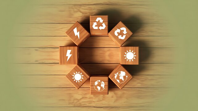 Eco-friendly icons on wooden blocks in a circle representing sustainable development and renewable energy