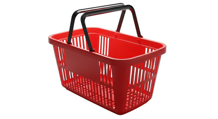 Fototapeta premium Bright red plastic shopping basket with black handles on a dark setting illustration