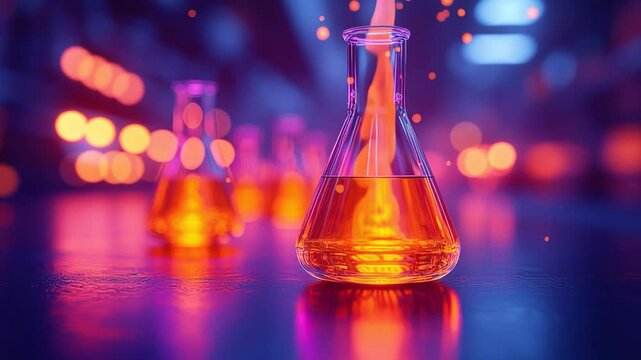 Laboratory Alchemy: A mesmerizing shot of a chemistry lab, with a beaker bubbling brightly with glowing liquid, casting an ethereal light.