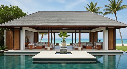 Luxury Beachfront Pavilion with Infinity Pool and Tropical Palm Trees.