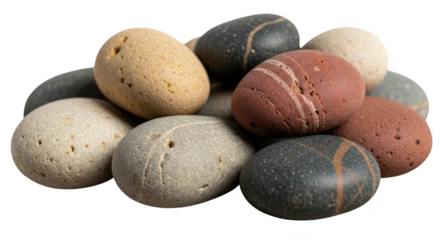 Natural smooth river stones with varied colors and textures arranged together illustration