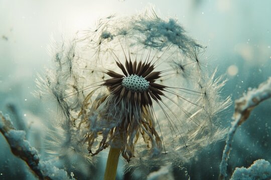 A mesmerizing close-up of a dandelion seed head, illuminated by a soft, ethereal glow, with delicate pappus awaiting dispersion amidst frosty elements.