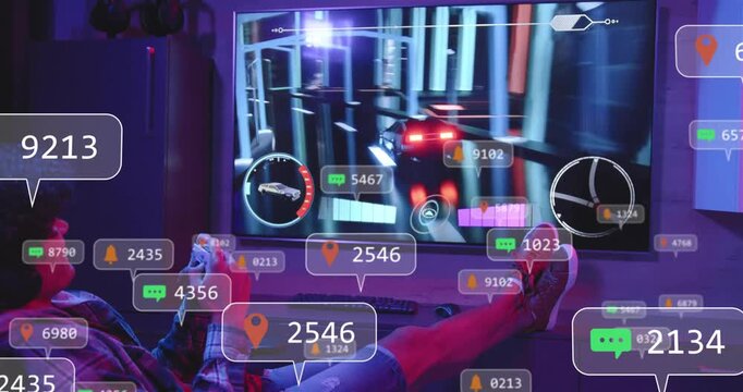 Male gamer playing neon racing game as events spawning HUD popups and score burst, celebrating