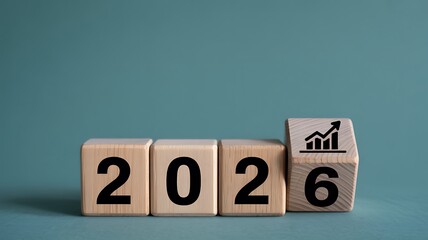 Projecting strong growth and future prosperity for the year 2026, depicted with wooden blocks and an ascending graph