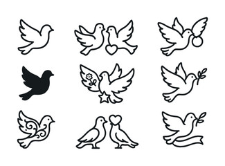 Collection of dove line art illustrations with symbols of peace and love