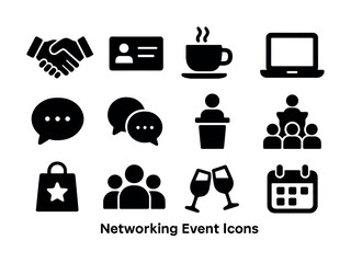 Networking event icons: handshake, name tag, coffee, laptop, speech, group, calendar